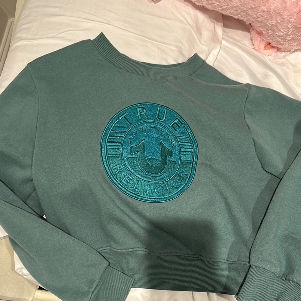 True Religion Green Crewneck Sweater with Medallion Design